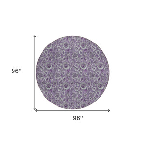 8' Purple Lilac And Lavender Round Floral Washable Indoor Outdoor Area Rug