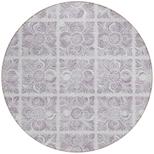 8' Lavender And Silver Round Medallion Washable Indoor Outdoor Area Rug
