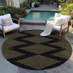 8' Black And Beige Round Geometric Washable Indoor Outdoor Area Rug