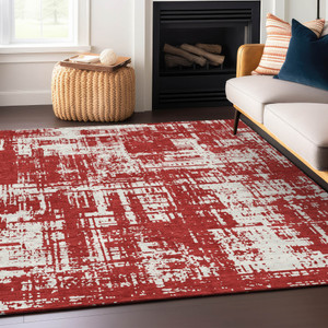 10' X 14' Red And Ivory Abstract Washable Indoor Outdoor Area Rug