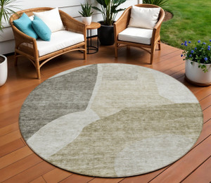 8' Taupe Brown And Beige Round Abstract Washable Indoor Outdoor Area Rug - 608219115883