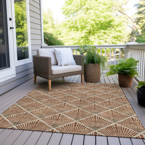 9' X 12' Brown Copper And Beige Geometric Washable Indoor Outdoor Area Rug