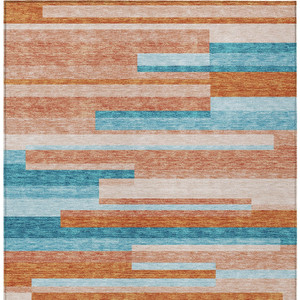 8' X 10' Orange Teal Blue And Salmon Striped Washable Indoor Outdoor Area Rug