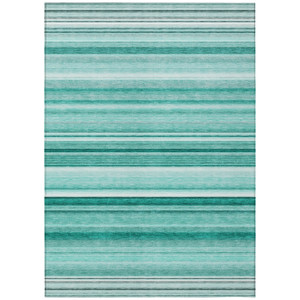 10' X 14' Aqua Striped Washable Indoor Outdoor Area Rug