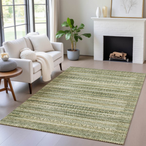 8' X 10' Green And Beige Striped Washable Indoor Outdoor Area Rug