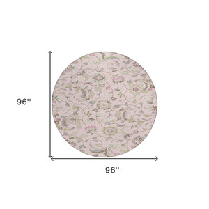8' Pink Green And Gray Round Floral Washable Indoor Outdoor Area Rug