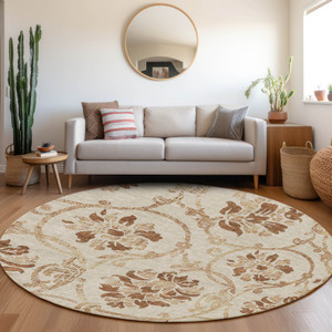 8' Terra Cotta Copper And Beige Round Floral Washable Indoor Outdoor Area Rug