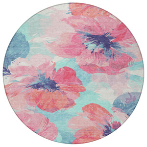 8' Pink And Sky Blue Round Floral Washable Indoor Outdoor Area Rug