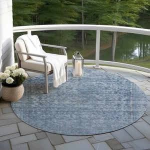 8' Blue And Beige Round Abstract Washable Indoor Outdoor Area Rug