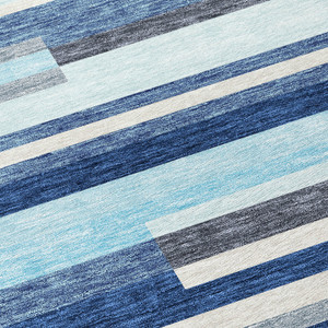 9' X 12' Blue Gray And Ivory Striped Washable Indoor Outdoor Area Rug Modern Style - Blue, Gray, Ivory Color