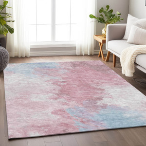 10' X 14' Blush Ivory And Blue Abstract Washable Indoor Outdoor Area Rug