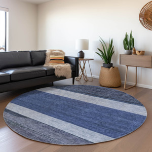 8' Navy Blue Sky Blue And Charcoal Round Abstract Washable Indoor Outdoor Area Rug