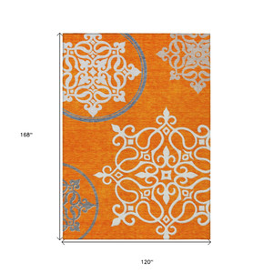 10' X 14' Orange Gray And Ivory Floral Medallion Washable Indoor Outdoor Area Rug