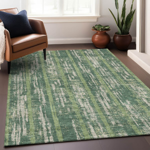 8' X 10' Green And Ivory Striped Washable Indoor Outdoor Area Rug Transitional Style - Green, Ivory Color