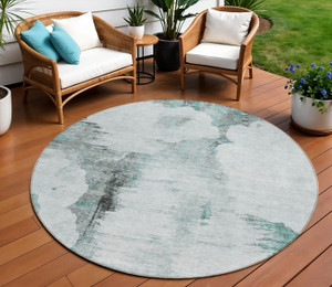 8' Teal Blue Silver And Gray Round Abstract Washable Indoor Outdoor Area Rug