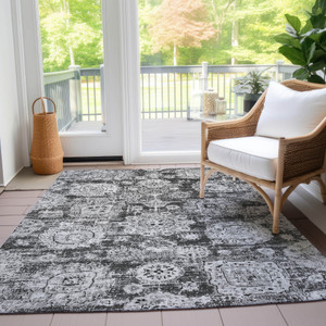 8' X 10' Gray Charcoal And Silver Floral Washable Indoor Outdoor Area Rug - Gray, Charcoal, Silver