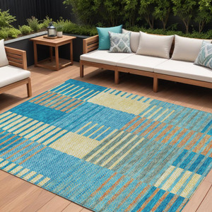 10' X 14' Teal Blue Orange And Sky Blue Striped Washable Indoor Outdoor Area Rug