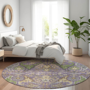 8' Purple Green And Brown Round Floral Washable Indoor Outdoor Area Rug
