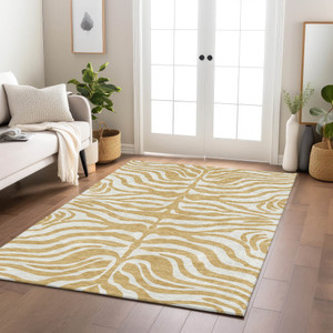 9' X 12' Gold And Ivory Animal Print Washable Indoor Outdoor Area Rug