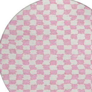 8' Pink And Ivory Round Geometric Washable Indoor Outdoor Area Rug - Pink, Ivory