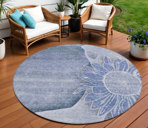 8' Sky Blue And Indigo Round Floral Washable Indoor Outdoor Area Rug