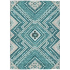 8' X 10' Teal Blue And Ivory Tribal Washable Indoor Outdoor Area Rug