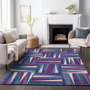 8' X 10' Purple Ivory And Teal Blue Geometric Washable Indoor Outdoor Area Rug