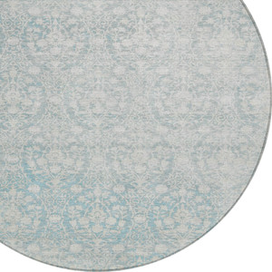 8' Aqua Round Damask Washable Indoor Outdoor Area Rug