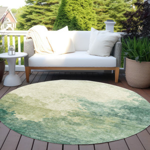 8' Green And Ivory Round Abstract Washable Indoor Outdoor Area Rug - 880016627916