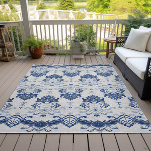 8' X 10' Navy Blue Beige And Denim Blue Oriental Washable Indoor Outdoor Area Rug