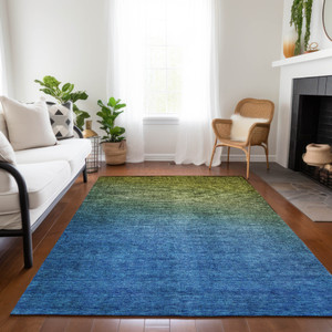 9' X 12' Olive Green Blue And Navy Blue Ombre Washable Indoor Outdoor Area Rug