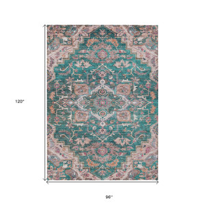 8' X 10' Emerald Teal Blue And Beige Oriental Washable Indoor Outdoor Area Rug