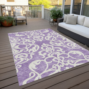 9' X 12' Purple And Ivory Damask Washable Indoor Outdoor Area Rug