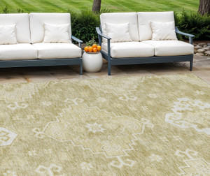 10' X 14' Wheat Gold And Ivory Medallion Washable Indoor Outdoor Area Rug