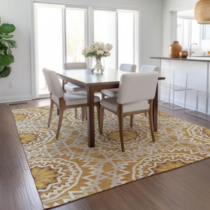 8' X 10' Gold Gray And Ivory Floral Medallion Washable Indoor Outdoor Area Rug