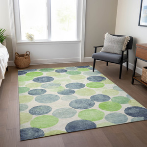 8' X 10' Navy Blue Lime Green And Ivory Geometric Washable Indoor Outdoor Area Rug