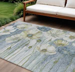 10' X 14' Denim Blue And Sky Blue Floral Washable Indoor Outdoor Area Rug
