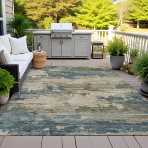 8' X 10' Teal Blue And Beige Abstract Washable Indoor Outdoor Area Rug - Teal Blue, Beige
