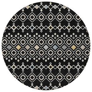 8' Black Ivory And Blue Round Geometric Washable Indoor Outdoor Area Rug