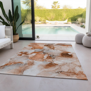 10' X 14' Orange and Ivory Abstract Washable Indoor Outdoor Area Rug - 608219108724