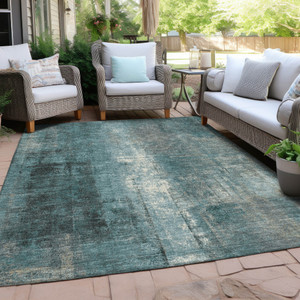 10' X 14' Teal Blue And Ivory Abstract Washable Indoor Outdoor Area Rug - Teal Blue, Ivory