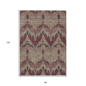8' X 10' Burgundy Beige And Charcoal Ikat Washable Indoor Outdoor Area Rug