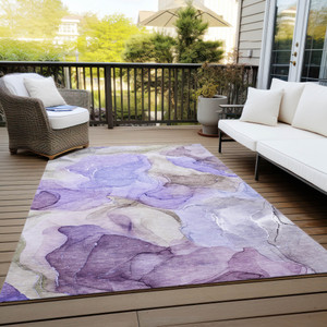 9' X 12' Gray and Purple Abstract Washable Non Skid Indoor Outdoor Area Rug - Gray, Purple