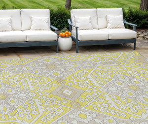 8' X 10' Yellow Ivory And Beige Floral Washable Indoor Outdoor Area Rug