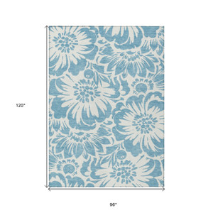 8' X 10' Denim and Ivory Floral Washable Non Skid Indoor Outdoor Area Rug - 608219202842