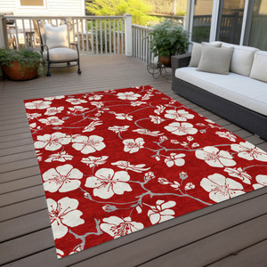10' X 14' Red Ivory And Gray Floral Washable Indoor Outdoor Area Rug