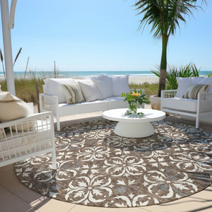 8' Brown Gray And Beige Round Floral Washable Indoor Outdoor Area Rug
