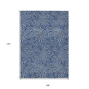 9' X 12' Navy Blue And Gray Abstract Washable Indoor Outdoor Area Rug
