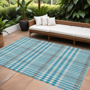 8' X 10' Teal Blue Ivory And Brown Plaid Washable Indoor Outdoor Area Rug