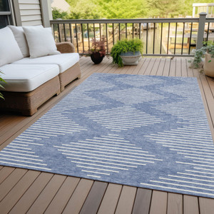 10' X 14' Denim Blue And Ivory Geometric Washable Indoor Outdoor Area Rug - 608219233204